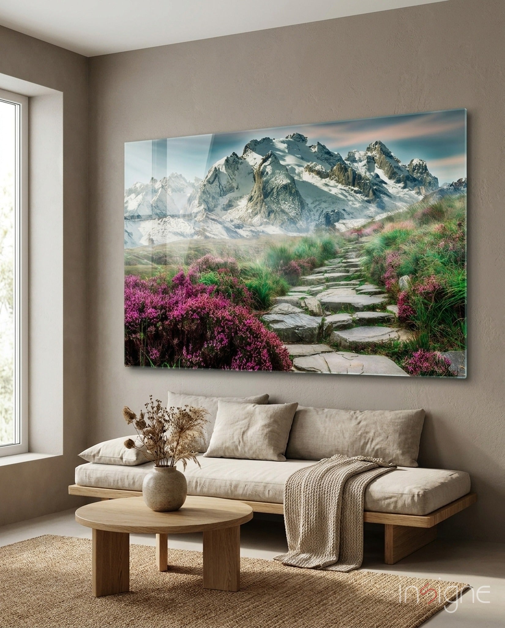 Stone footpath through heather to snowy mountain peaks glass wall art