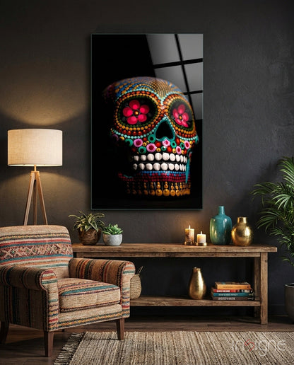 Rainbow beaded sugar skull glass wall art
