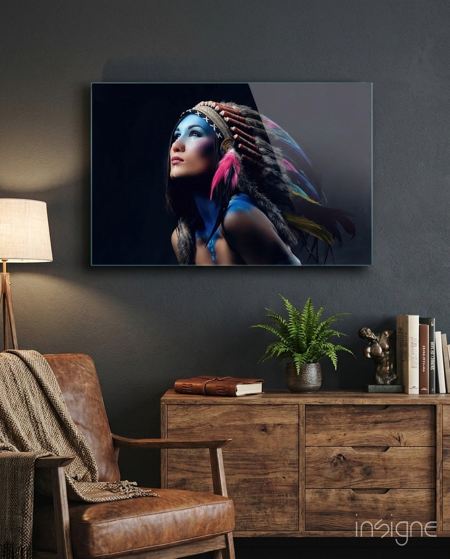 Feather Headdress Portrait Glass Wall Art