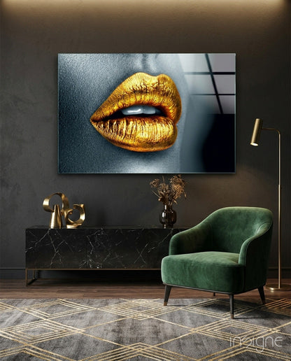 Golden lips glass wall art beauty macro