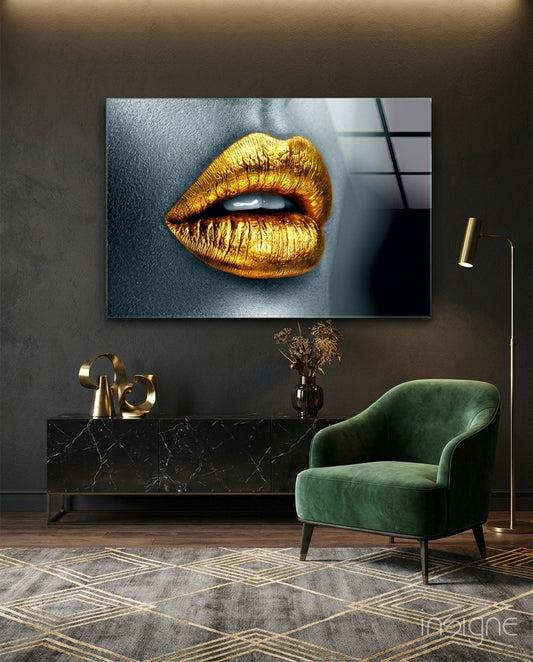 Golden lips glass wall art beauty macro