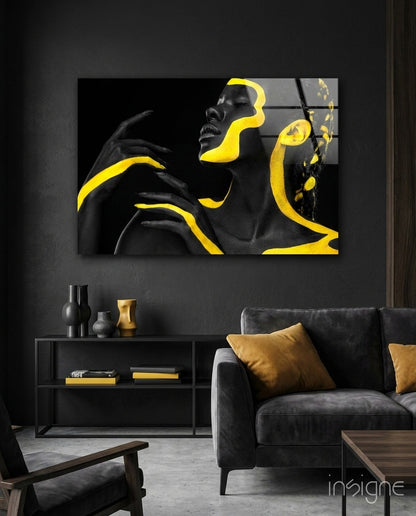 Yellow Woman glass wall art