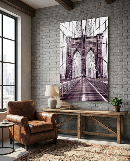 Brooklyn Bridge mauve monochrome glass wall art