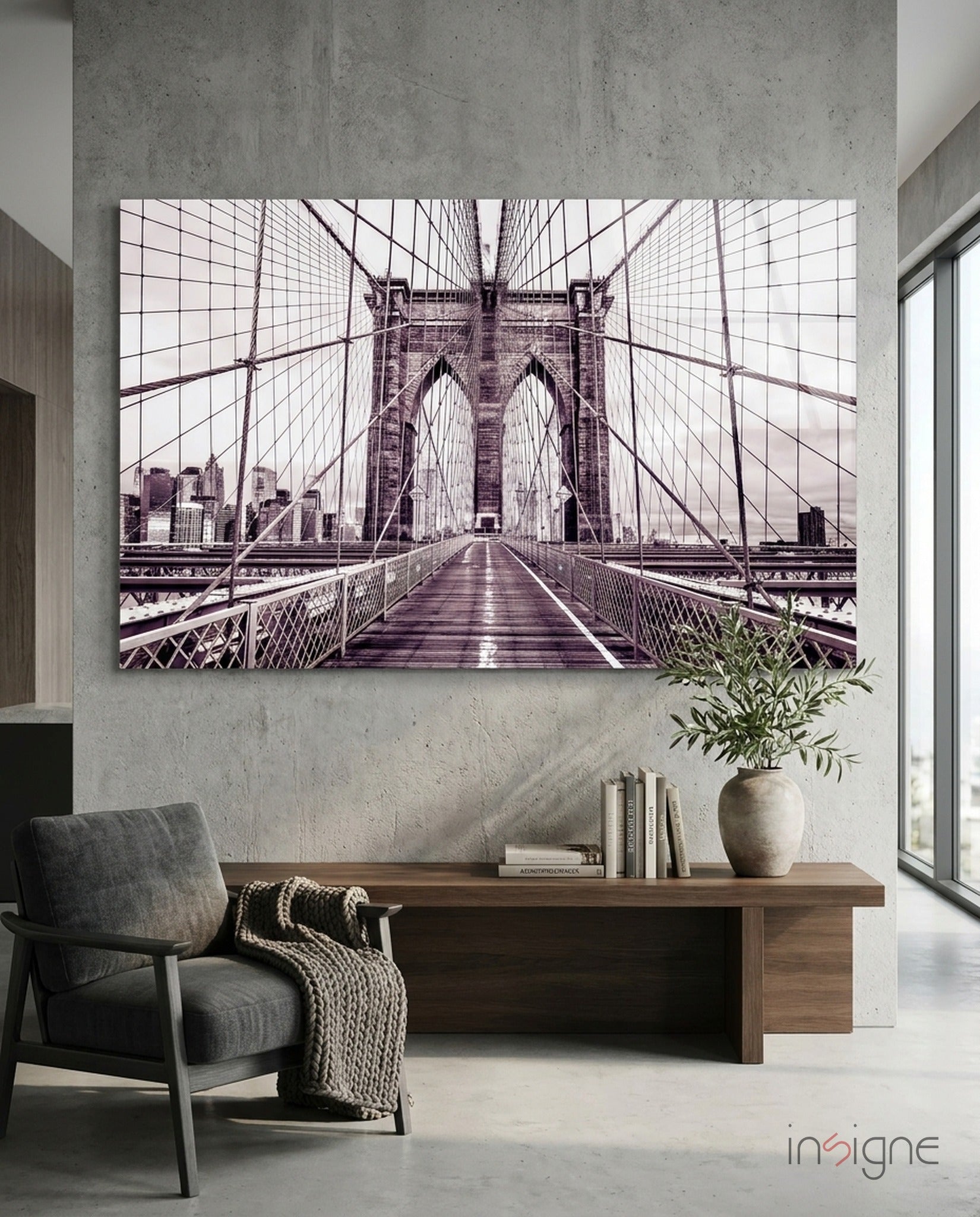 Brooklyn Bridge sepia cream glass wall art