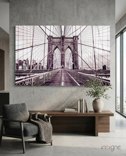 Brooklyn Bridge sepia cream glass wall art