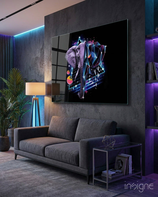 Synthwave crystal elephant with neon magenta and cobalt tones on tempered glass wall art