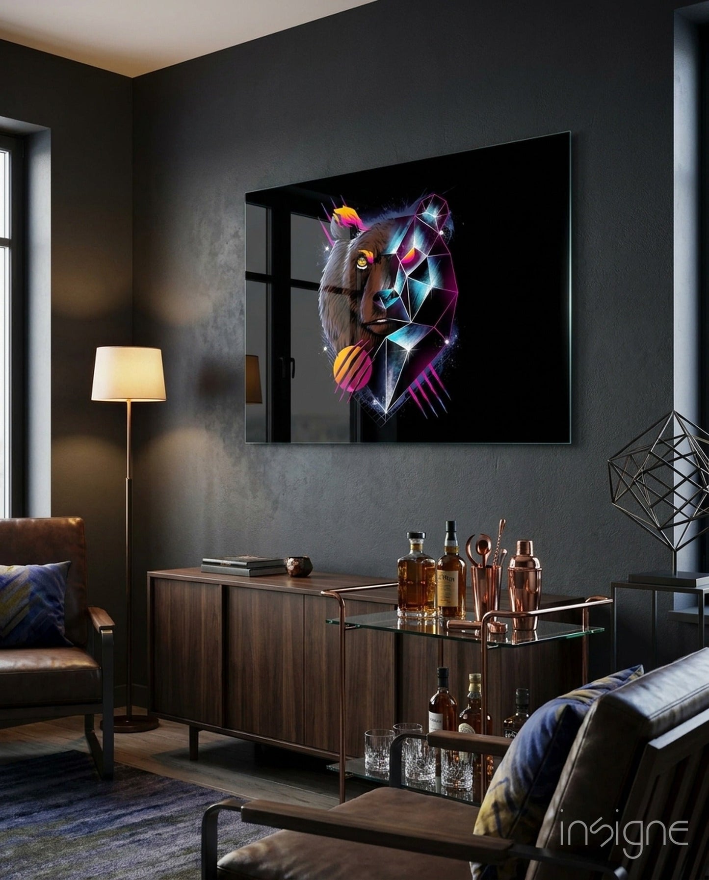 Diamond bear synthwave glass wall art