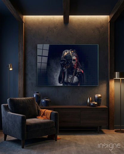 Behind the Mask glass wall art tribal portrait