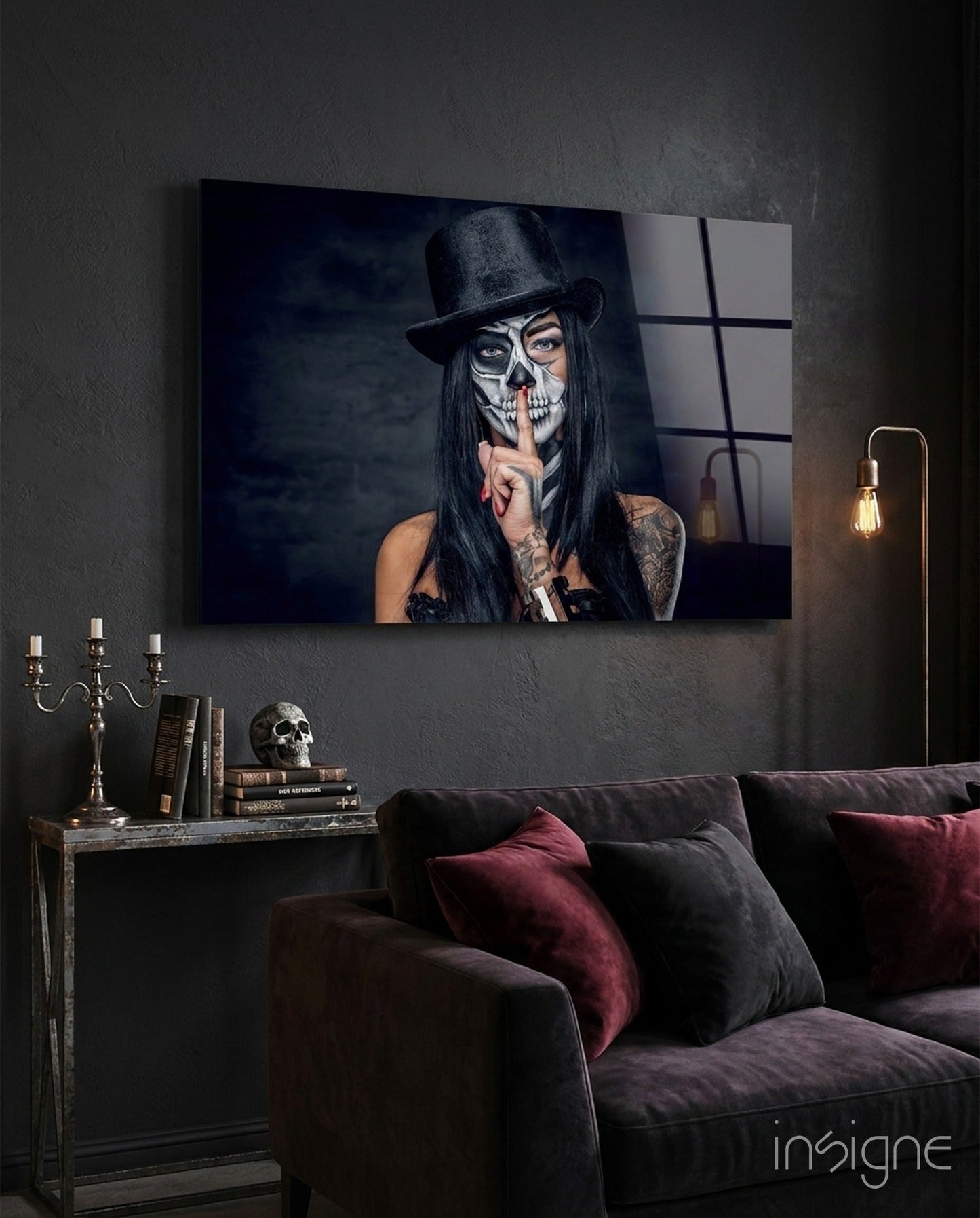 Sugar skull hush portrait glass wall art close-up