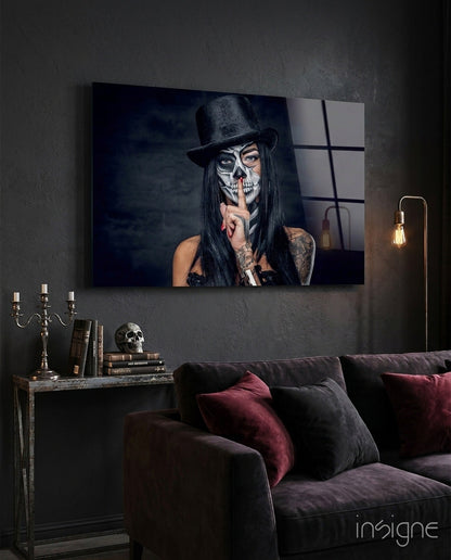 Sugar skull hush portrait glass wall art close-up