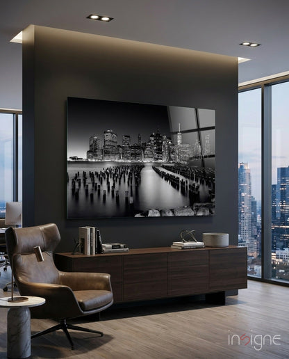 Manhattan Nightline Glass Wall Art black and white NYC skyline
