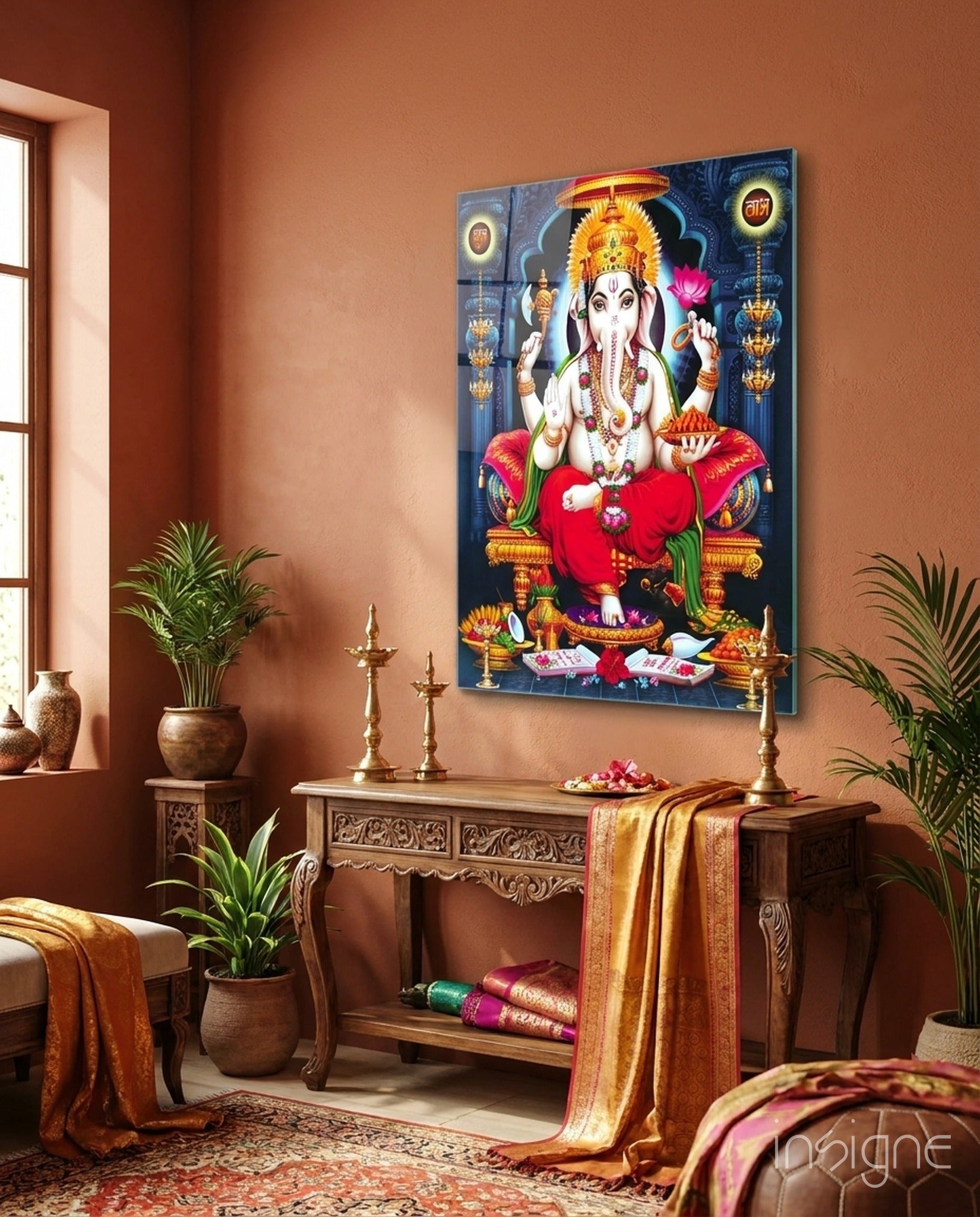 Ganesha lotus throne glass wall art devotional decor