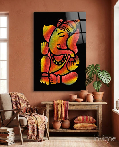 Stylized Ganesha glass wall art in marigold and onyx