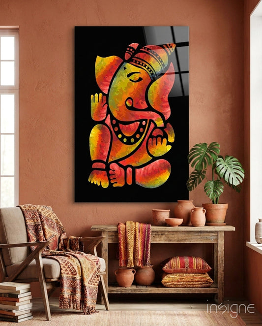 Stylized Ganesha glass wall art in marigold and onyx