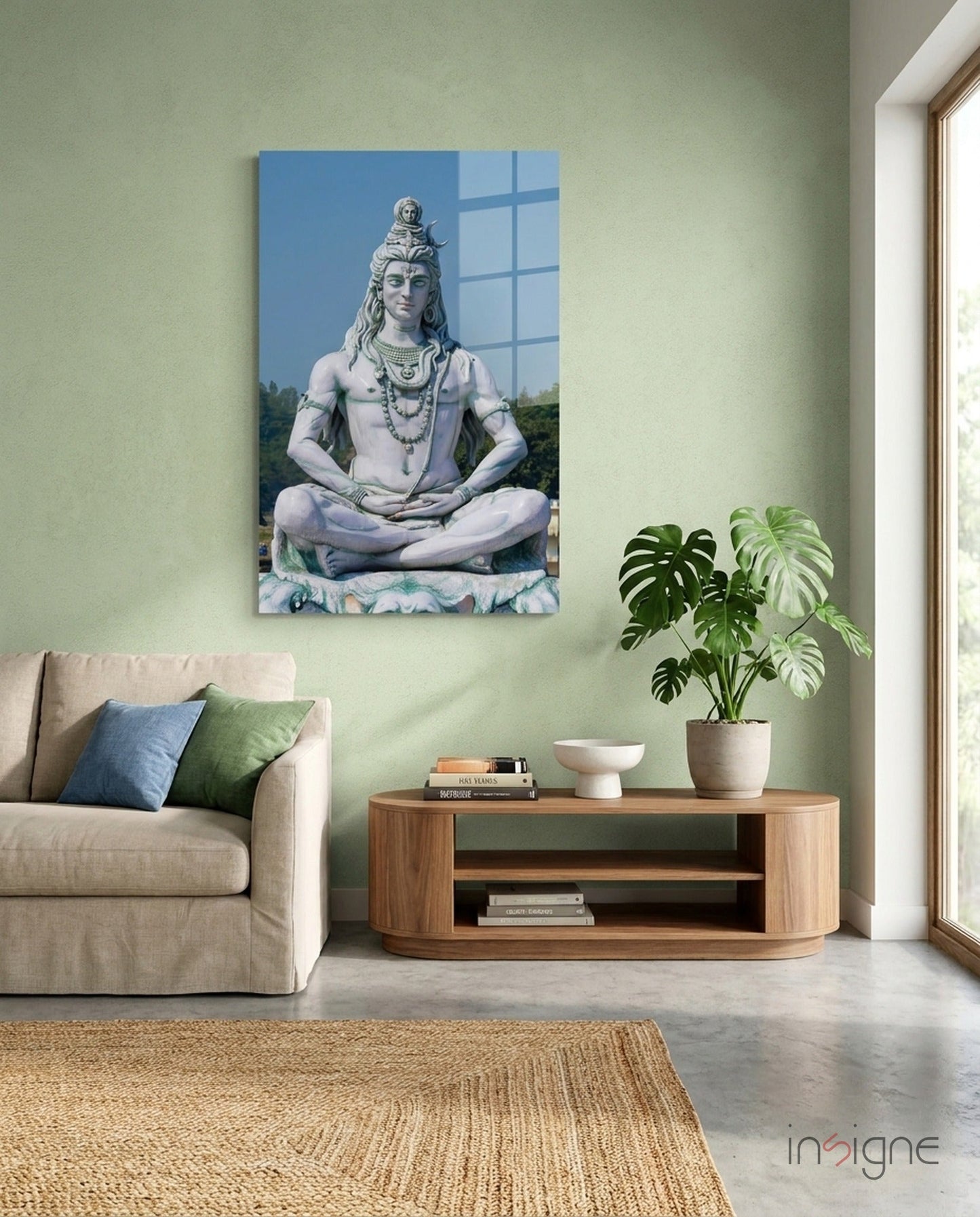 Shiva in meditation glass wall art in pearl and azure on high-gloss tempered glass