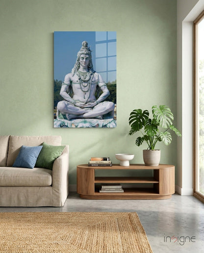 Shiva in meditation glass wall art in pearl and azure on high-gloss tempered glass