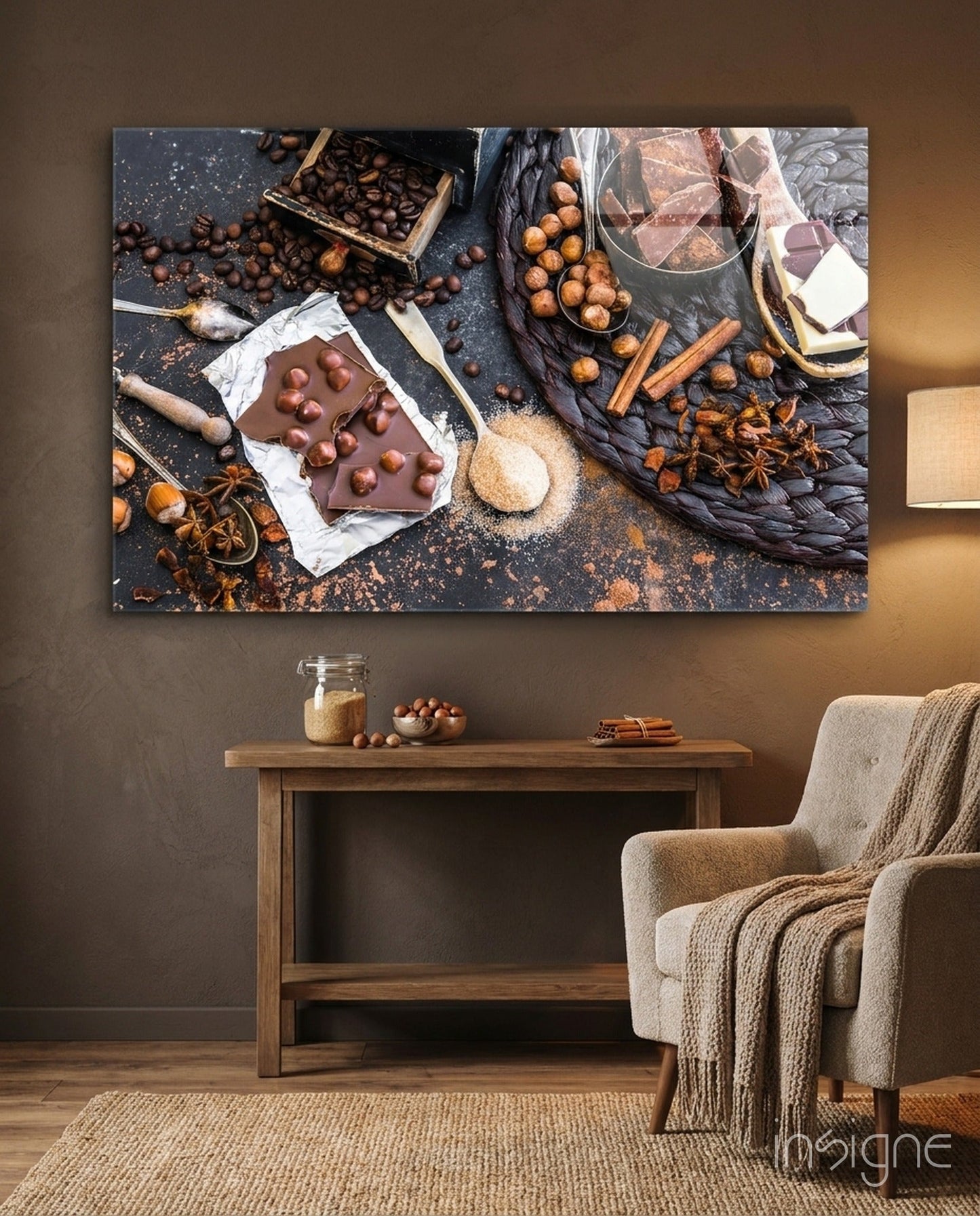 Chocolate still-life glass wall art for kitchen or dining decor