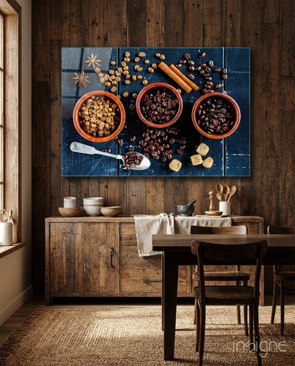 Three bowls of roasted coffee beans glass wall art