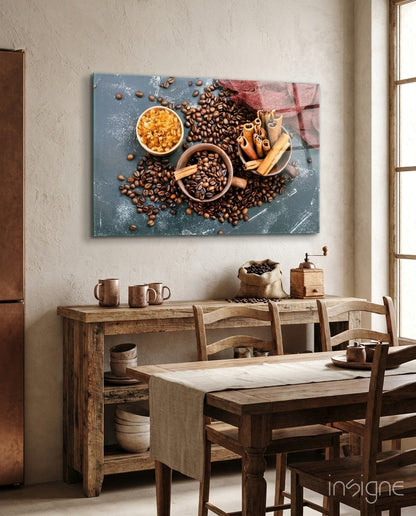 Coffee beans and cinnamon glass wall art
