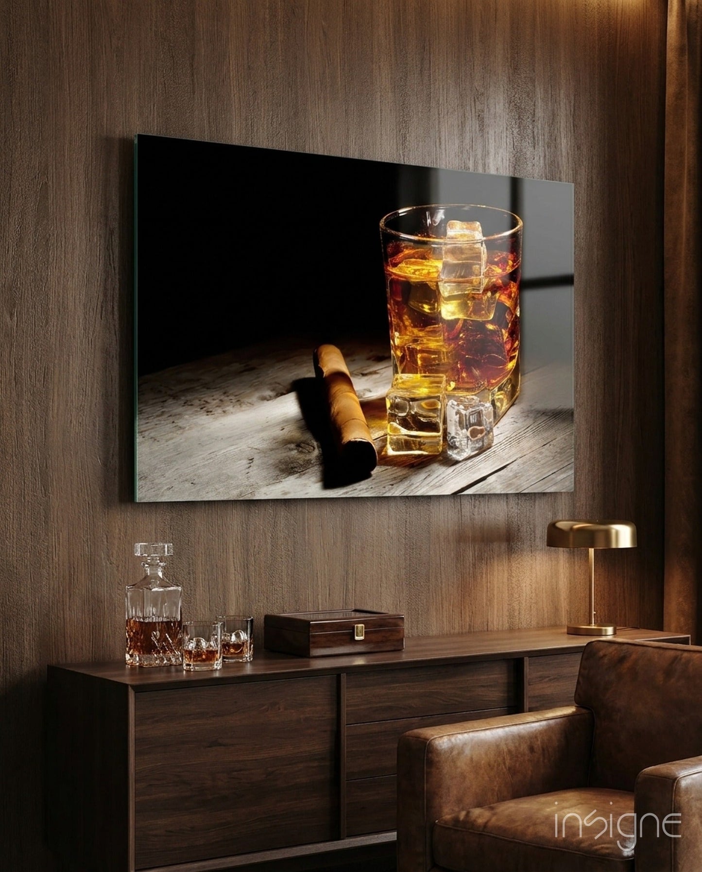 Whiskey and Cigar Still Life Glass Wall Art