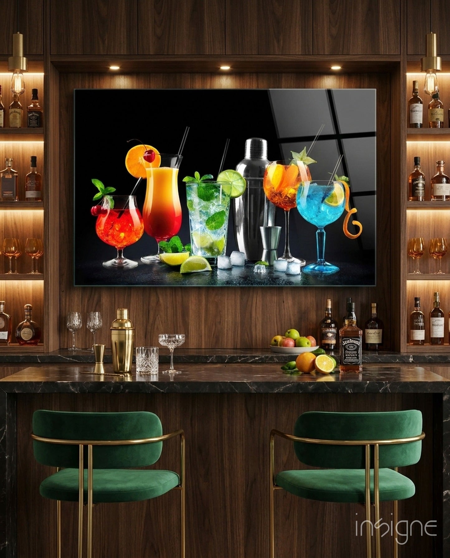Neon blue shaker cocktails glass wall art
