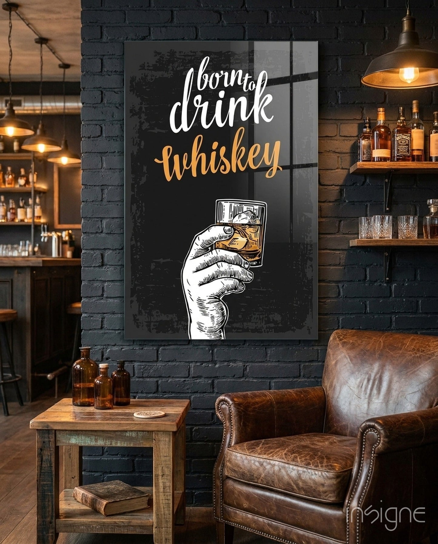 Born To Drink Whiskey Retro Bar Sign Glass Wall Art