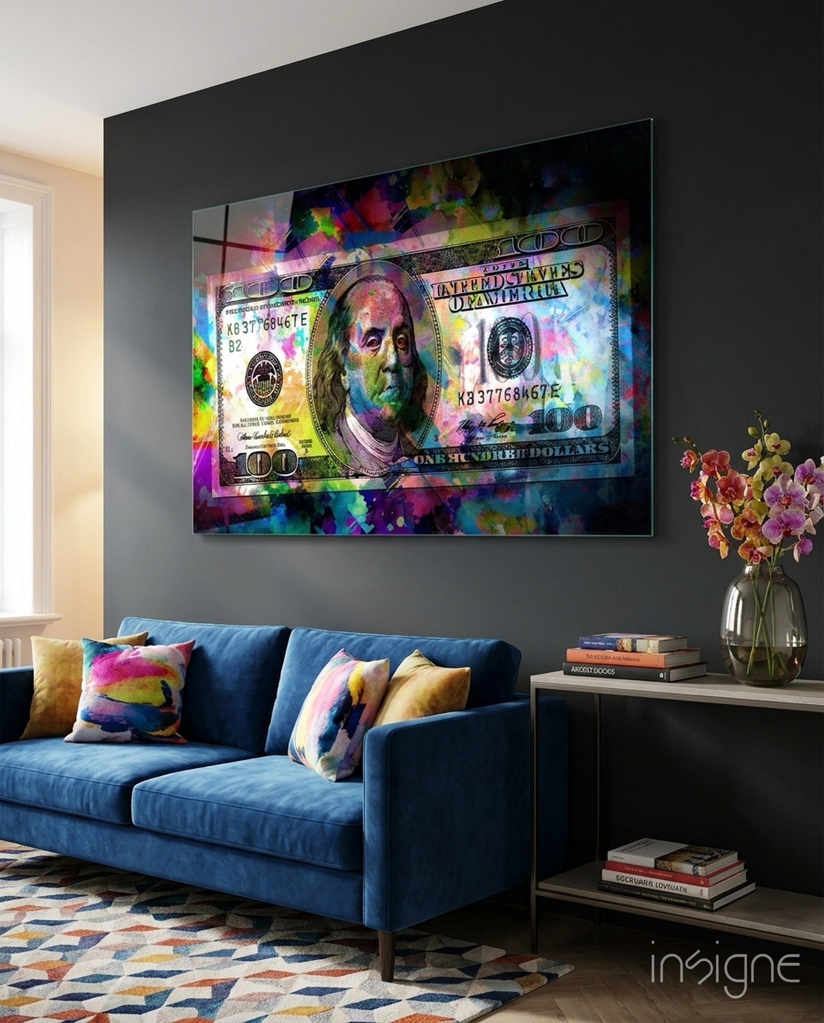 100 Dollars pop art glass wall art with paint splatter