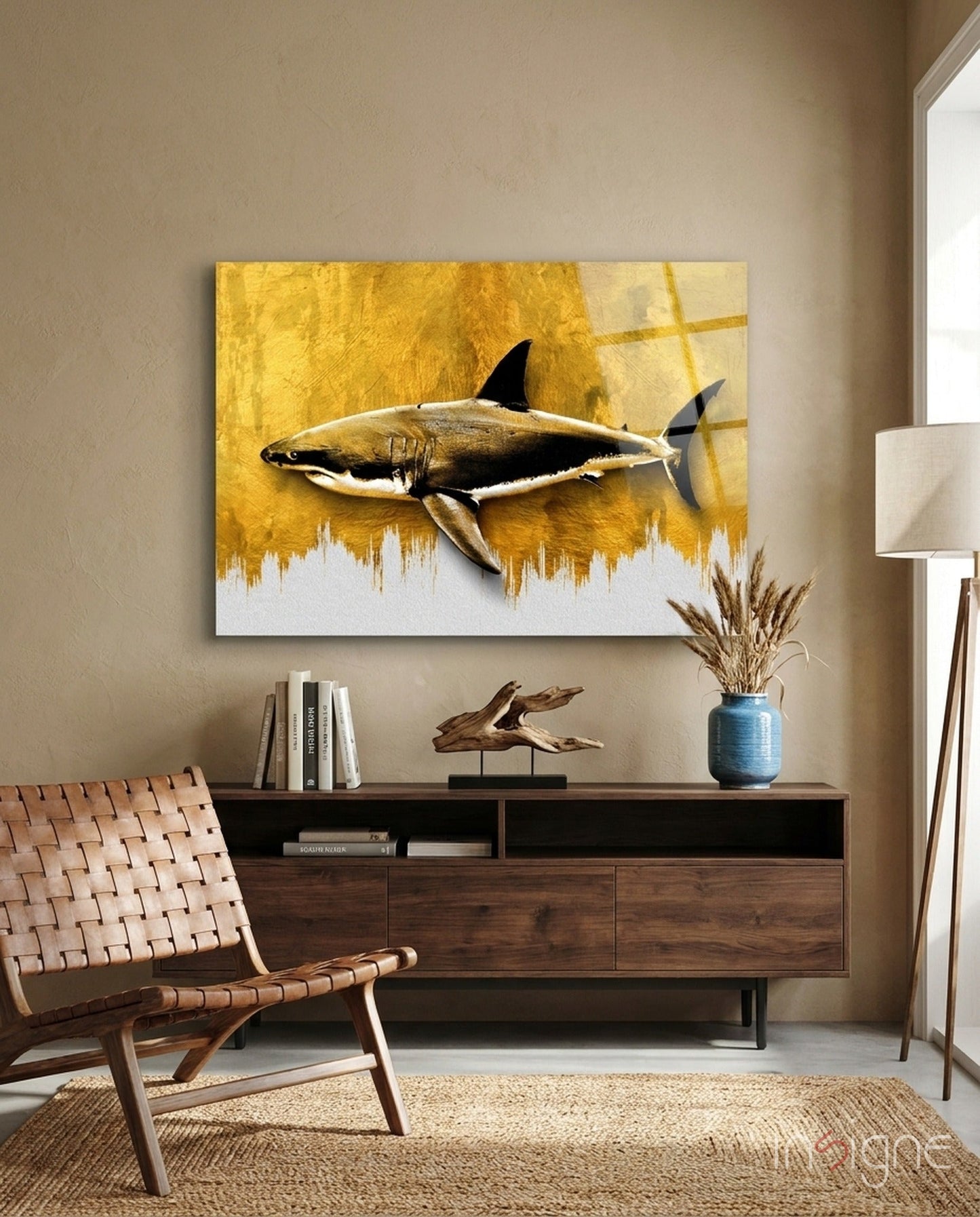 Gold brushstroke shark glass wall art