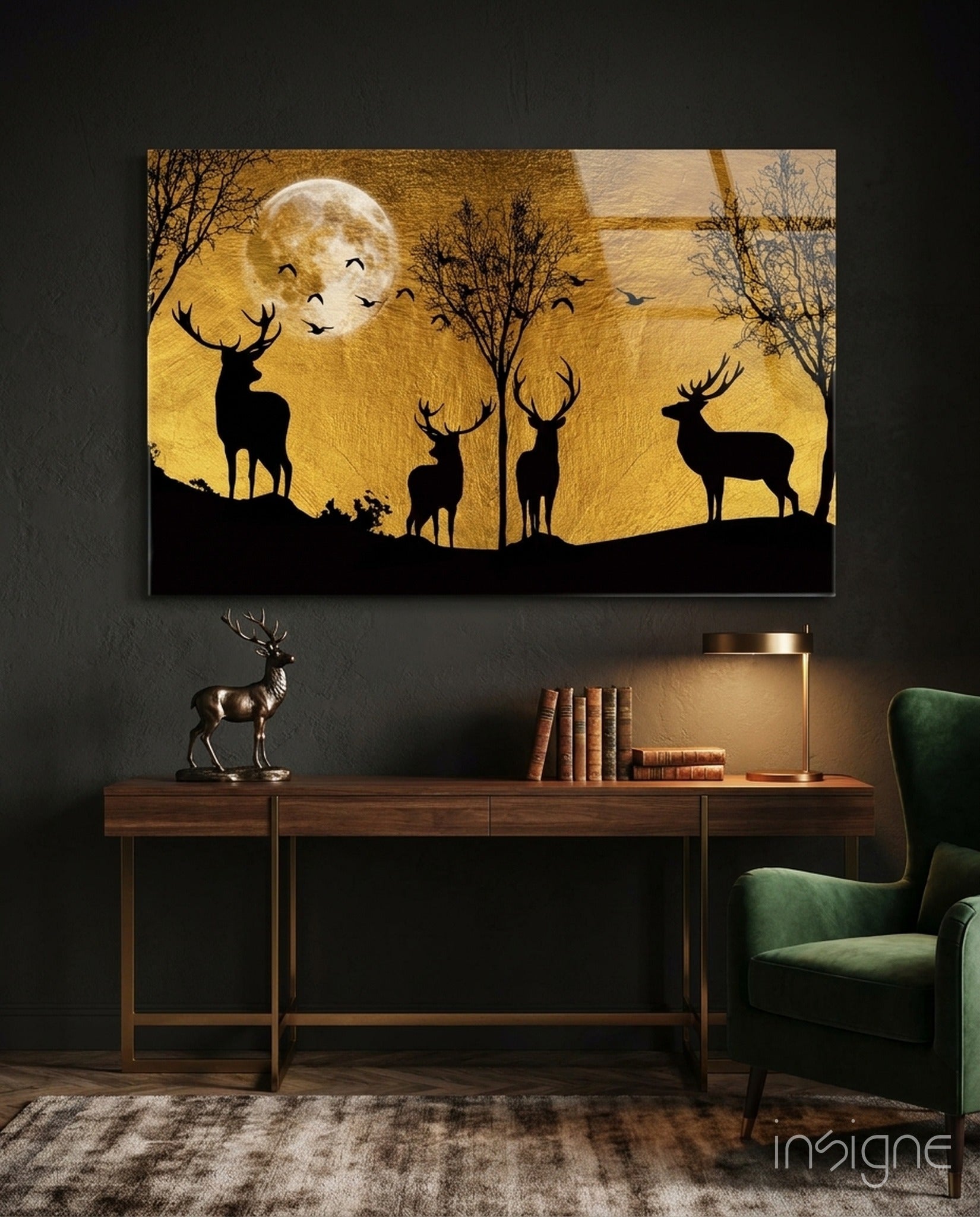 Stag silhouettes gold moon ridge glass wall art