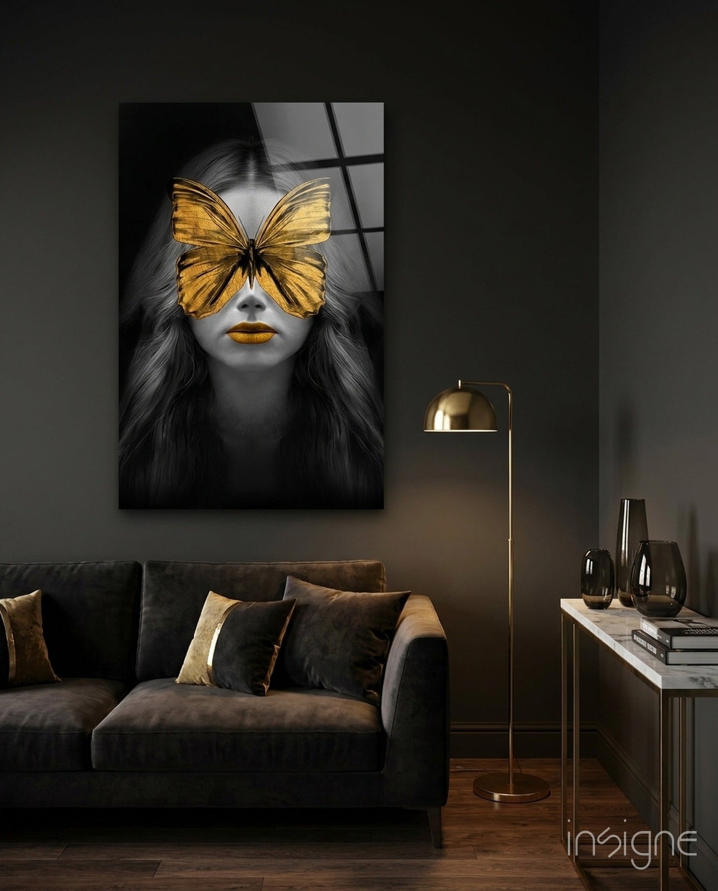 Butterfly Eyes glass wall art gold tempered glass