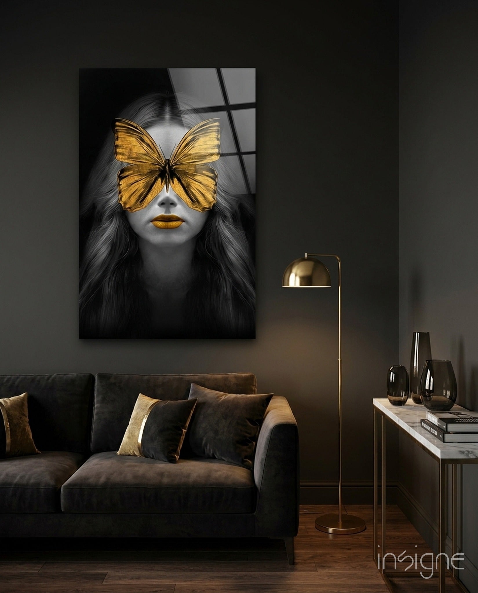 Butterfly Eyes glass wall art gold tempered glass