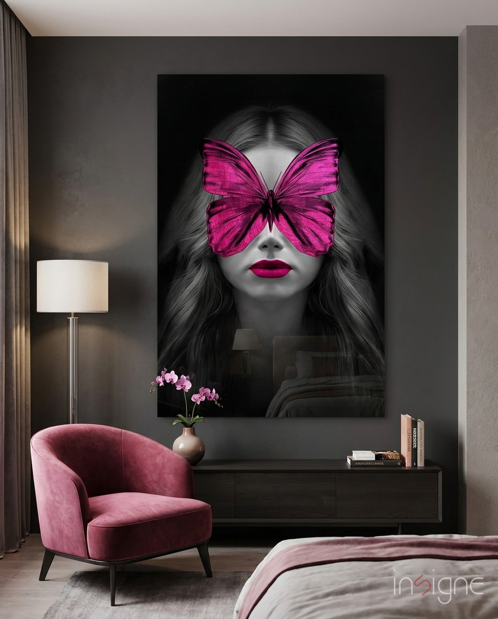 Butterfly Eyes glass wall art magenta tempered glass