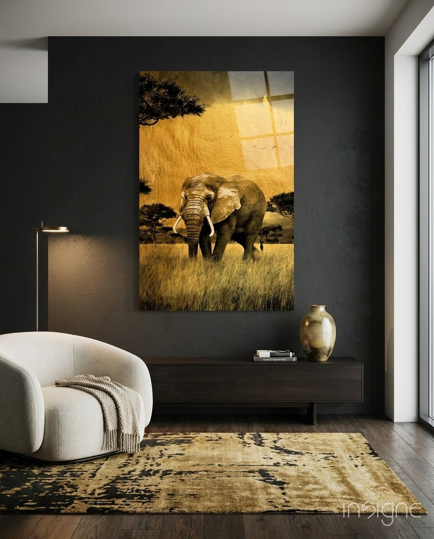 Bull elephant on golden savanna under acacia silhouette, glass wall art safari scene