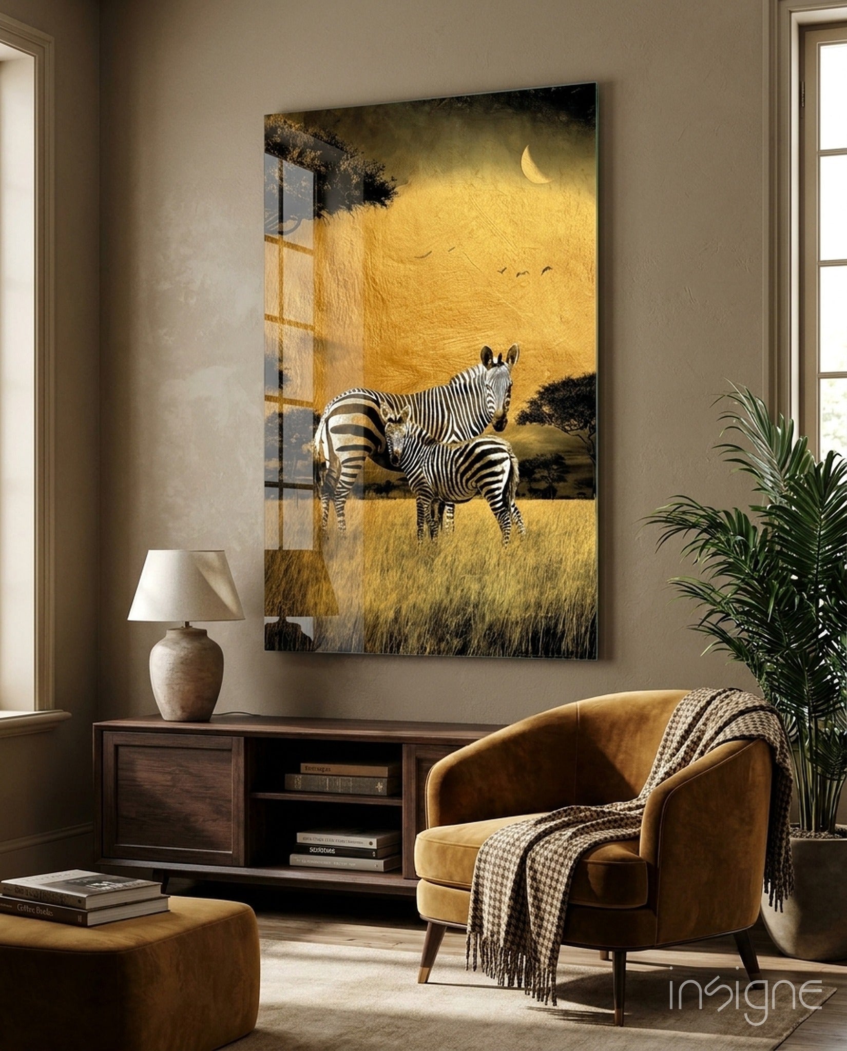 Zebra and foal glass wall art savanna scene
