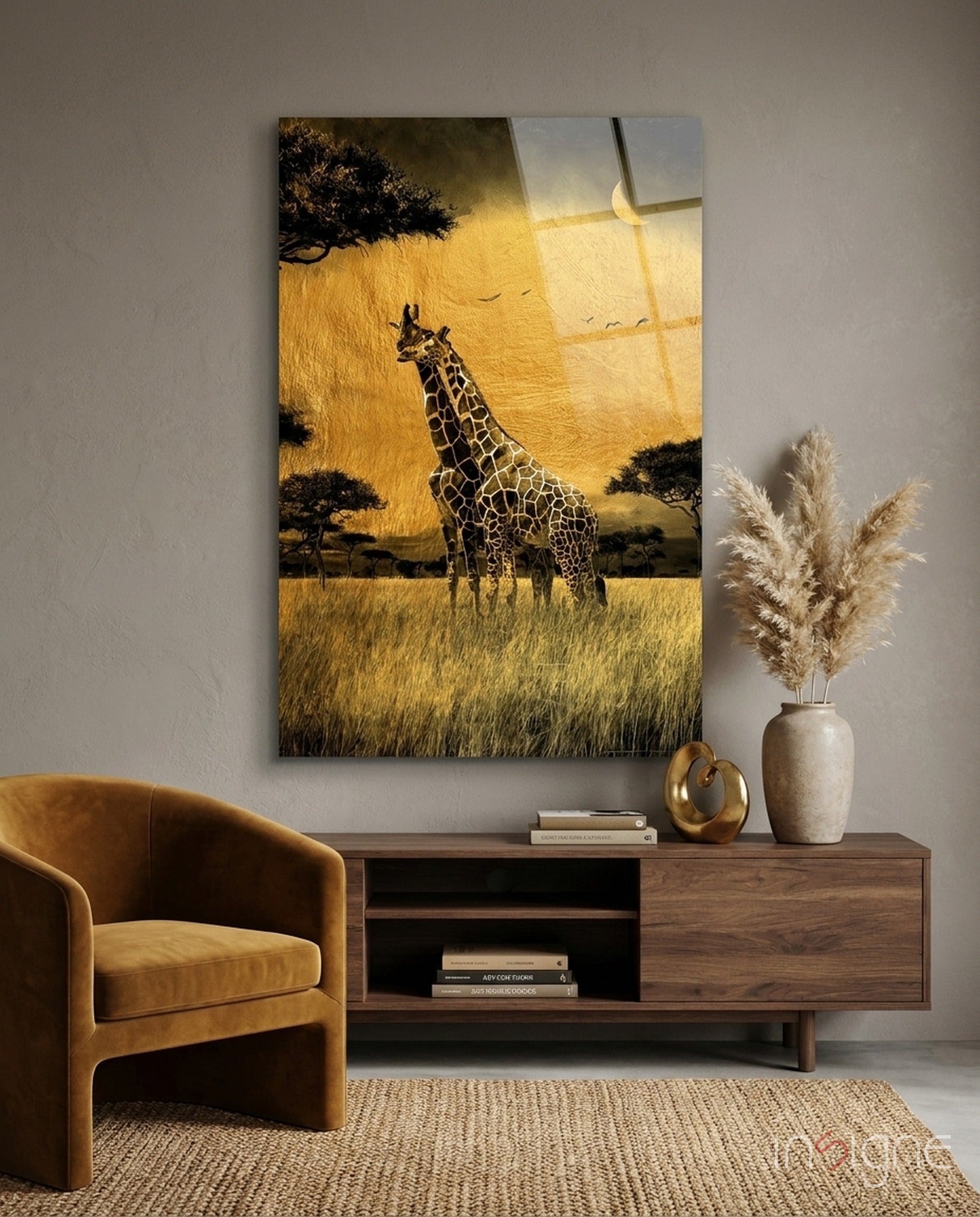 Golden Grassland Giraffe Pair glass wall art