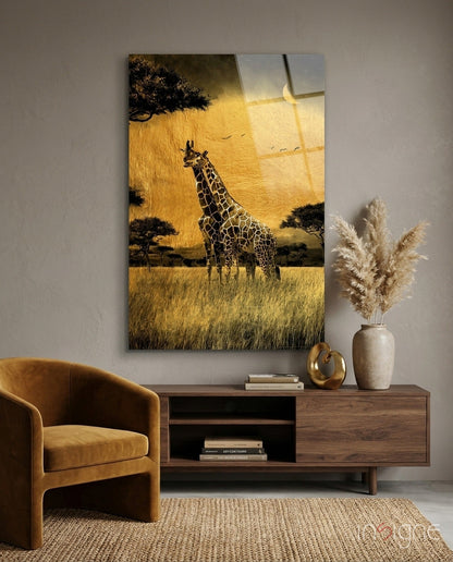 Golden Grassland Giraffe Pair glass wall art
