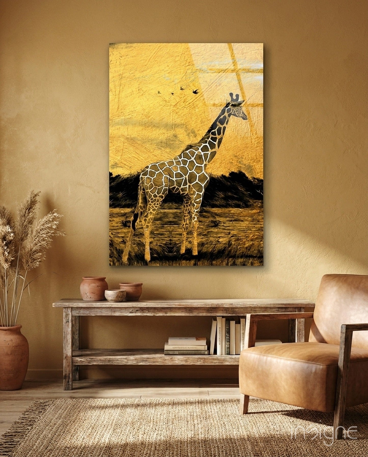 Giraffe glass wall art against a golden gold-leaf safari sky