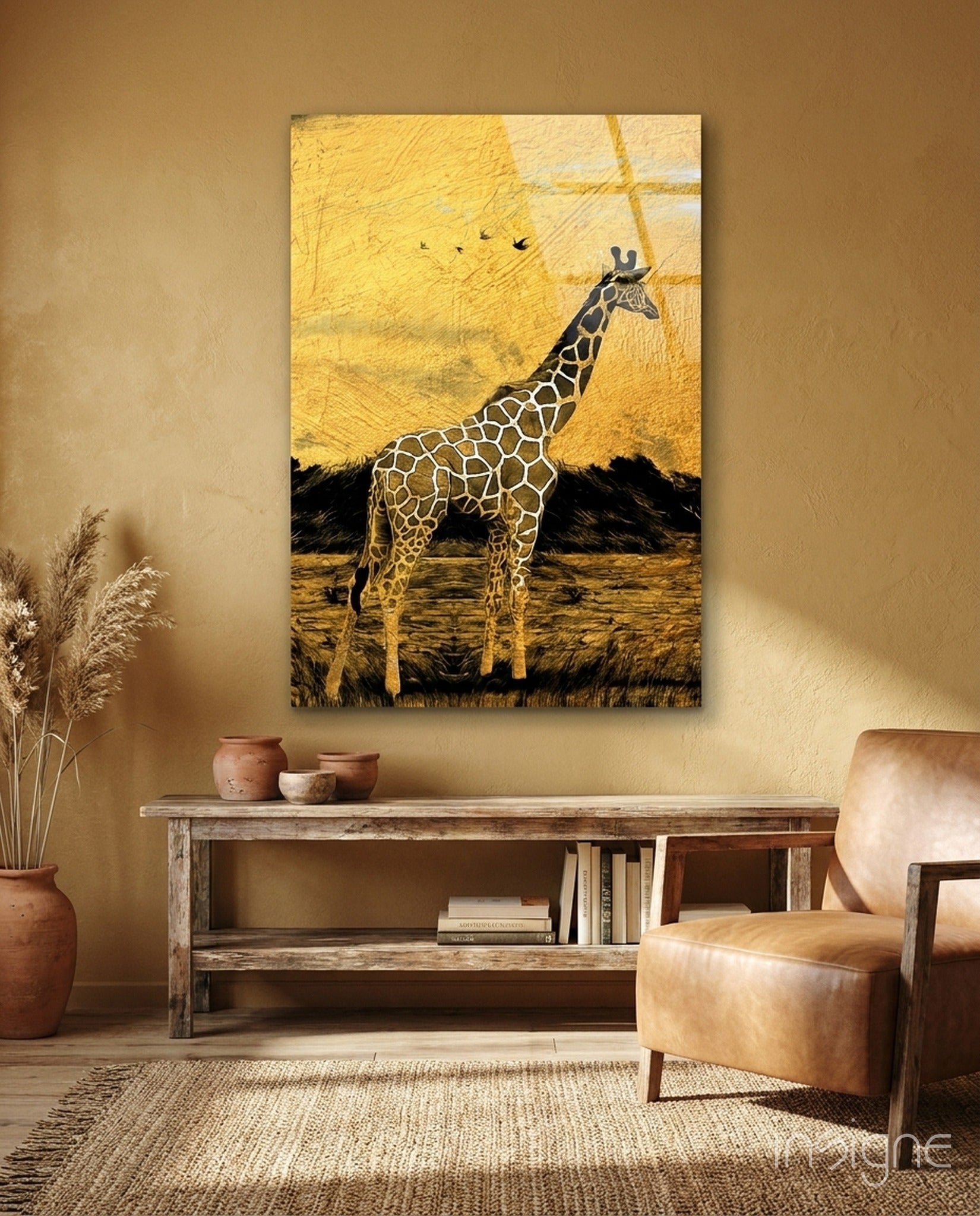 Giraffe glass wall art against a golden gold-leaf safari sky