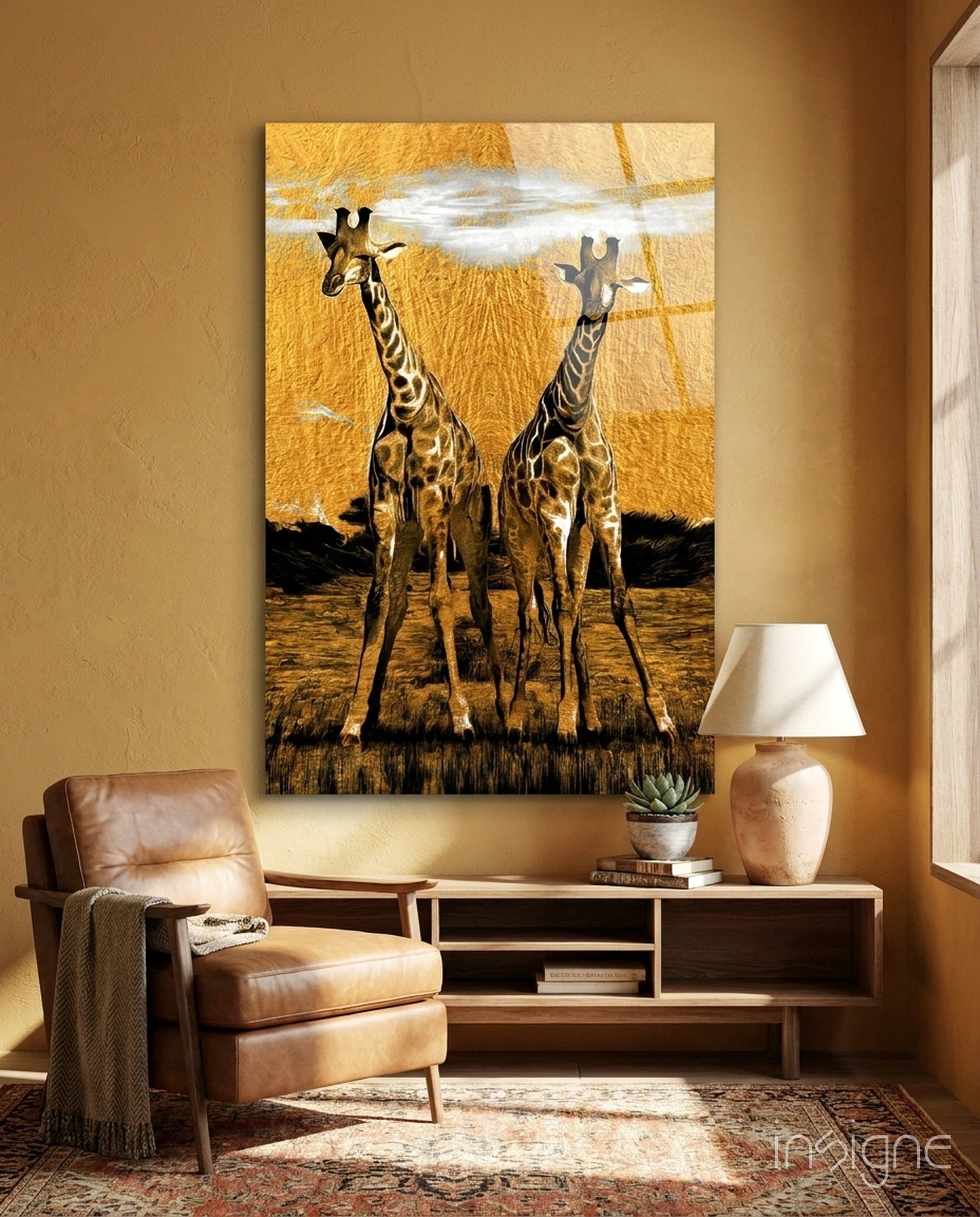 Two giraffes golden safari glass wall art