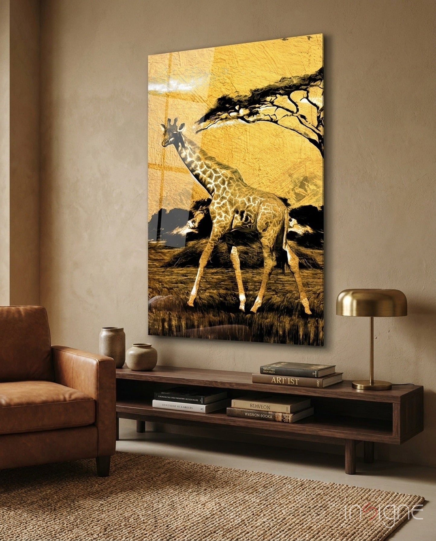 Gold acacia tree giraffe glass wall art