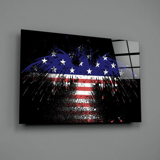 American flag eagle silhouette glass wall art on a gray wall with a window reflection across the glossy glass