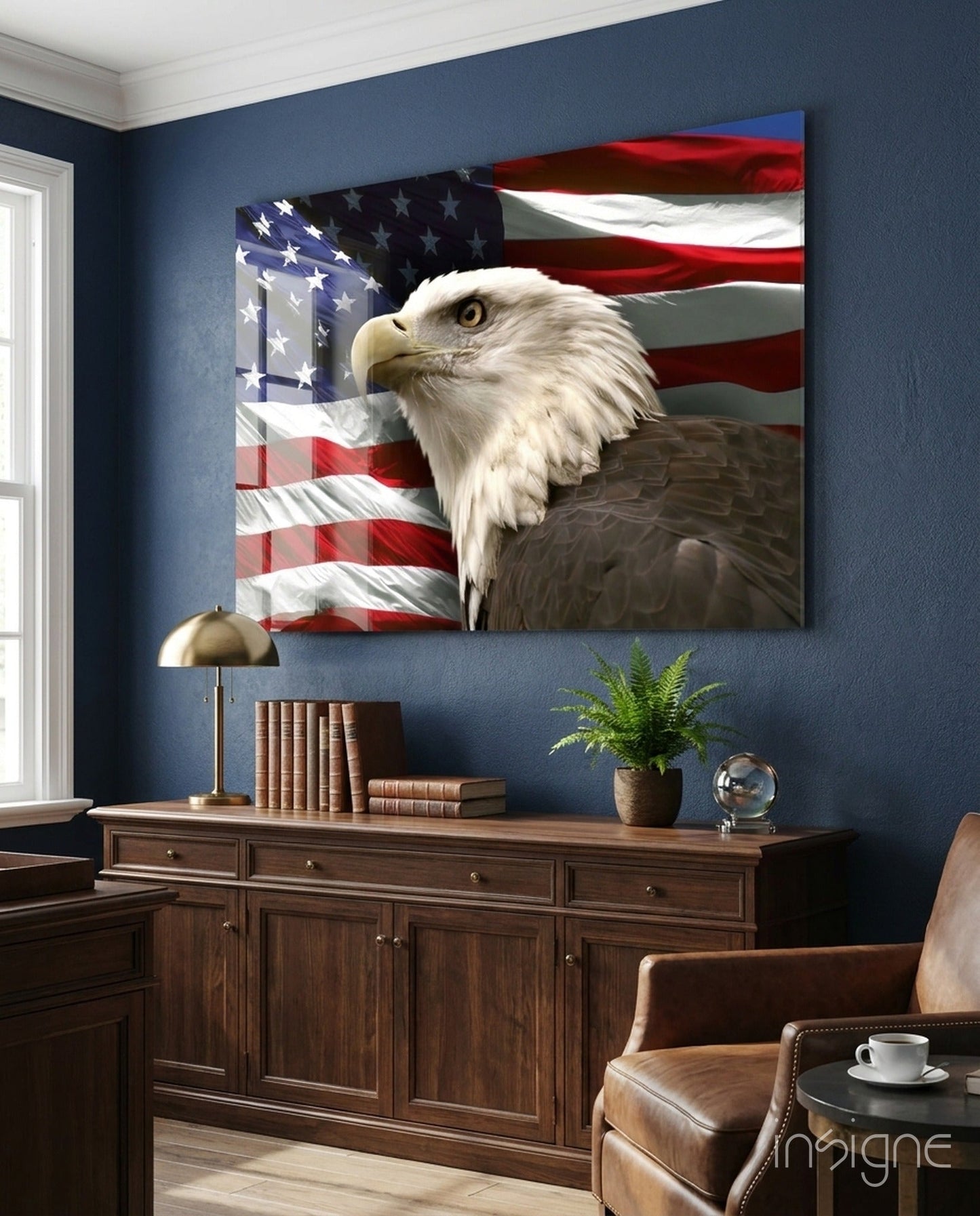 Bald eagle patriotic glass wall art with American flag