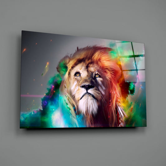 Rainbow mane lion glass wall art on a gray wall, light reflecting off the glossy front
