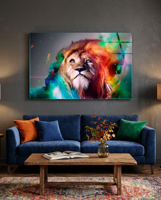 Fantasy spectrum lion glass wall art cosmic smoke mane magenta jade tempered glass