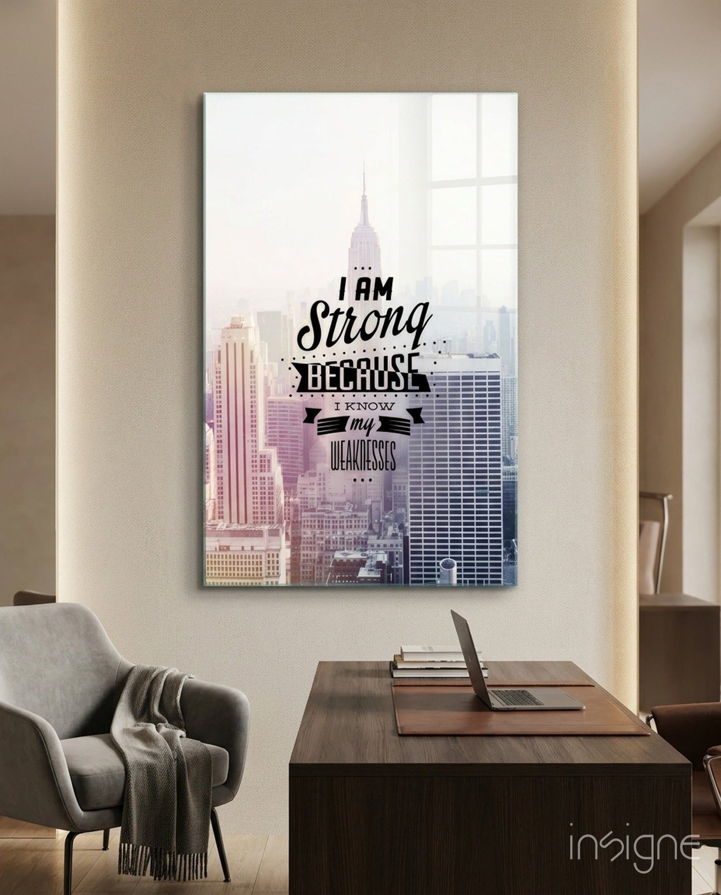 I Am Strong motivational quote glass wall art skyline