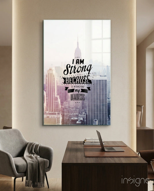 I Am Strong motivational quote glass wall art skyline