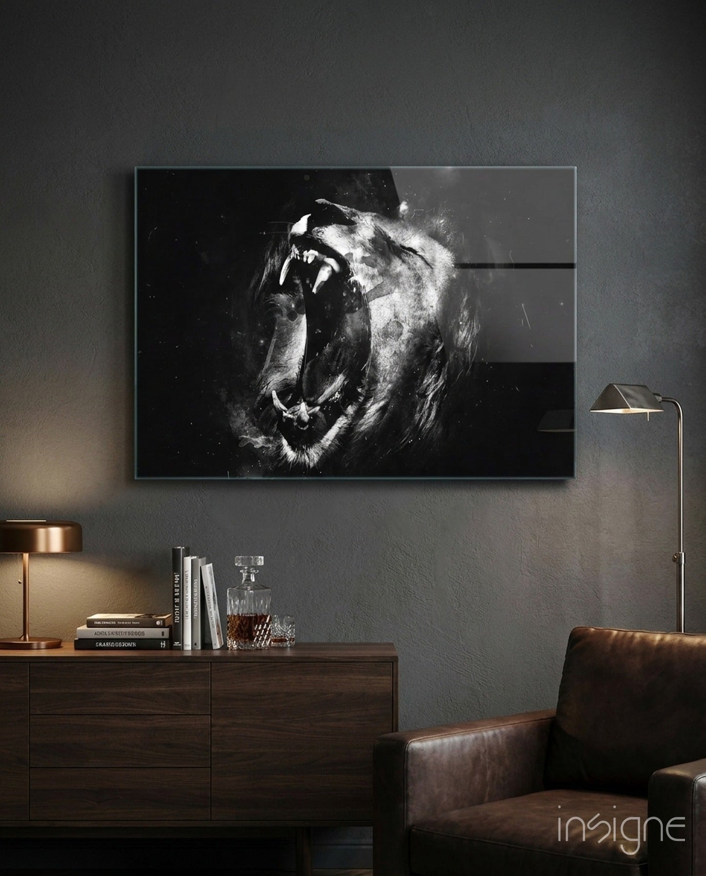 Lion roar monochrome glass wall art