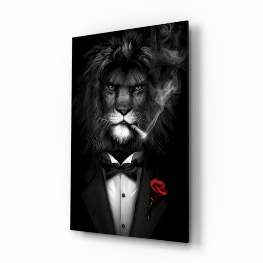 Gentleman Lion in Tuxedo Glass Wall Art