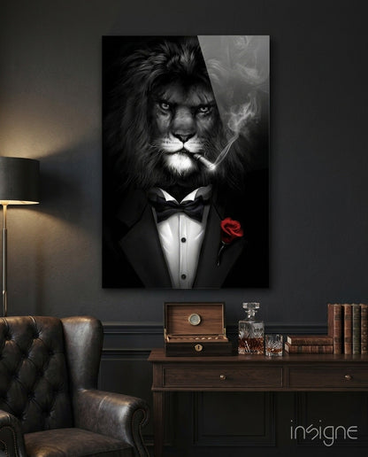 Gentleman lion in tuxedo glass wall art surreal portrait tempered glass