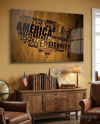 USA map patriotic typography glass wall art